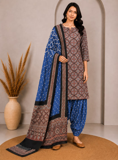 Ajrakh Satin Cotton Part Natural Dye Hand Block Print Dress Material with Bandhej Bottom and Dupatta - 2.5 Mt Top    -  SKU : MS24A01C