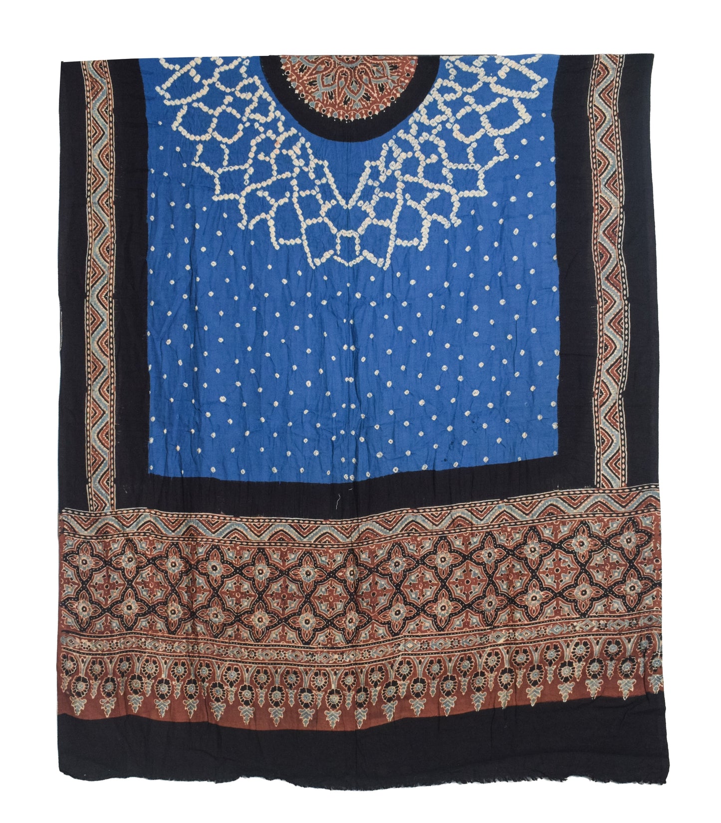 Ajrakh Satin Cotton Part Natural Dye Hand Block Print Dress Material with Bandhej Bottom and Dupatta - 2.5 Mt Top    -  SKU : MS24A01C
