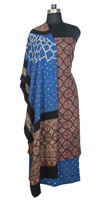 Ajrakh Satin Cotton Part Natural Dye Hand Block Print Dress Material with Bandhej Bottom and Dupatta - 2.5 Mt Top    -  SKU : MS24A01C