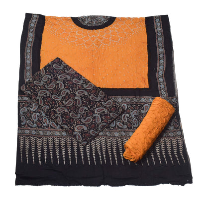 Ajrakh Satin Cotton Part Natural Dye Hand Block Print Dress Material with Bandhej Bottom and Dupatta - 2.5 Mt Top    -  SKU : MS24A01K