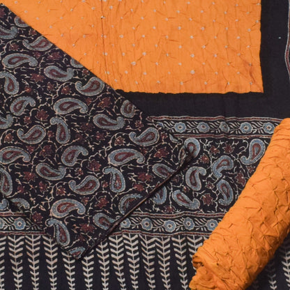 Ajrakh Satin Cotton Part Natural Dye Hand Block Print Dress Material with Bandhej Bottom and Dupatta - 2.5 Mt Top    -  SKU : MS24A01K