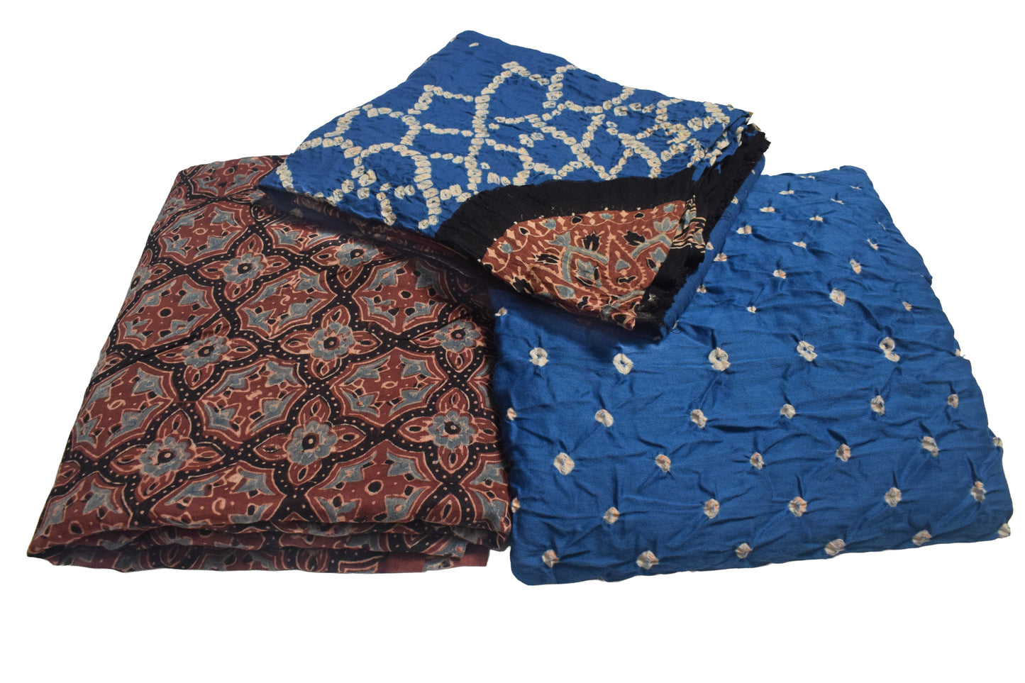Ajrakh Satin Cotton Part Natural Dye Hand Block Print Dress Material with Bandhej Bottom and Dupatta - 2.5 Mt Top    -  SKU : MS24A01I
