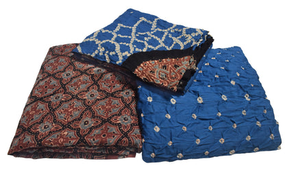 Ajrakh Satin Cotton Part Natural Dye Hand Block Print Dress Material with Bandhej Bottom and Dupatta - 2.5 Mt Top    -  SKU : MS24A01I