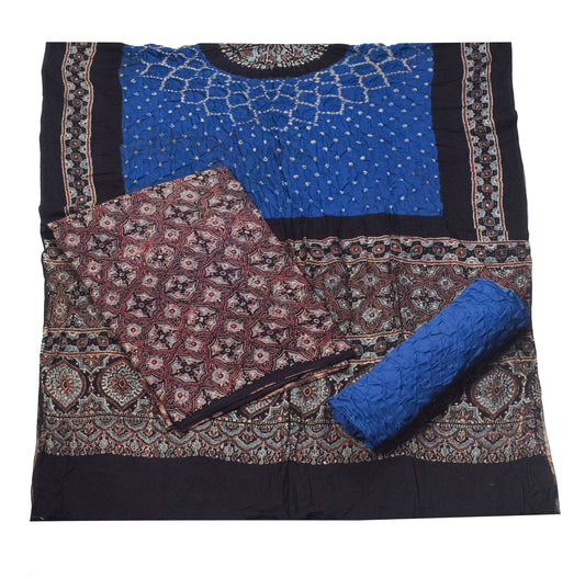 Ajrakh Satin Cotton Part Natural Dye Hand Block Print Dress Material with Bandhej Bottom and Dupatta - 2.5 Mt Top    -  SKU : MS24A01I