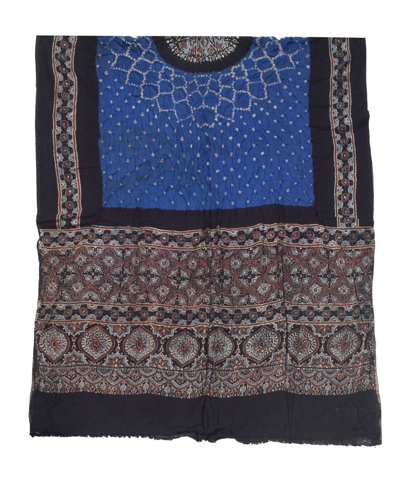 Ajrakh Satin Cotton Part Natural Dye Hand Block Print Dress Material with Bandhej Bottom and Dupatta - 2.5 Mt Top    -  SKU : MS24A01I