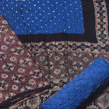 Ajrakh Satin Cotton Part Natural Dye Hand Block Print Dress Material with Bandhej Bottom and Dupatta - 2.5 Mt Top    -  SKU : MS24A01I