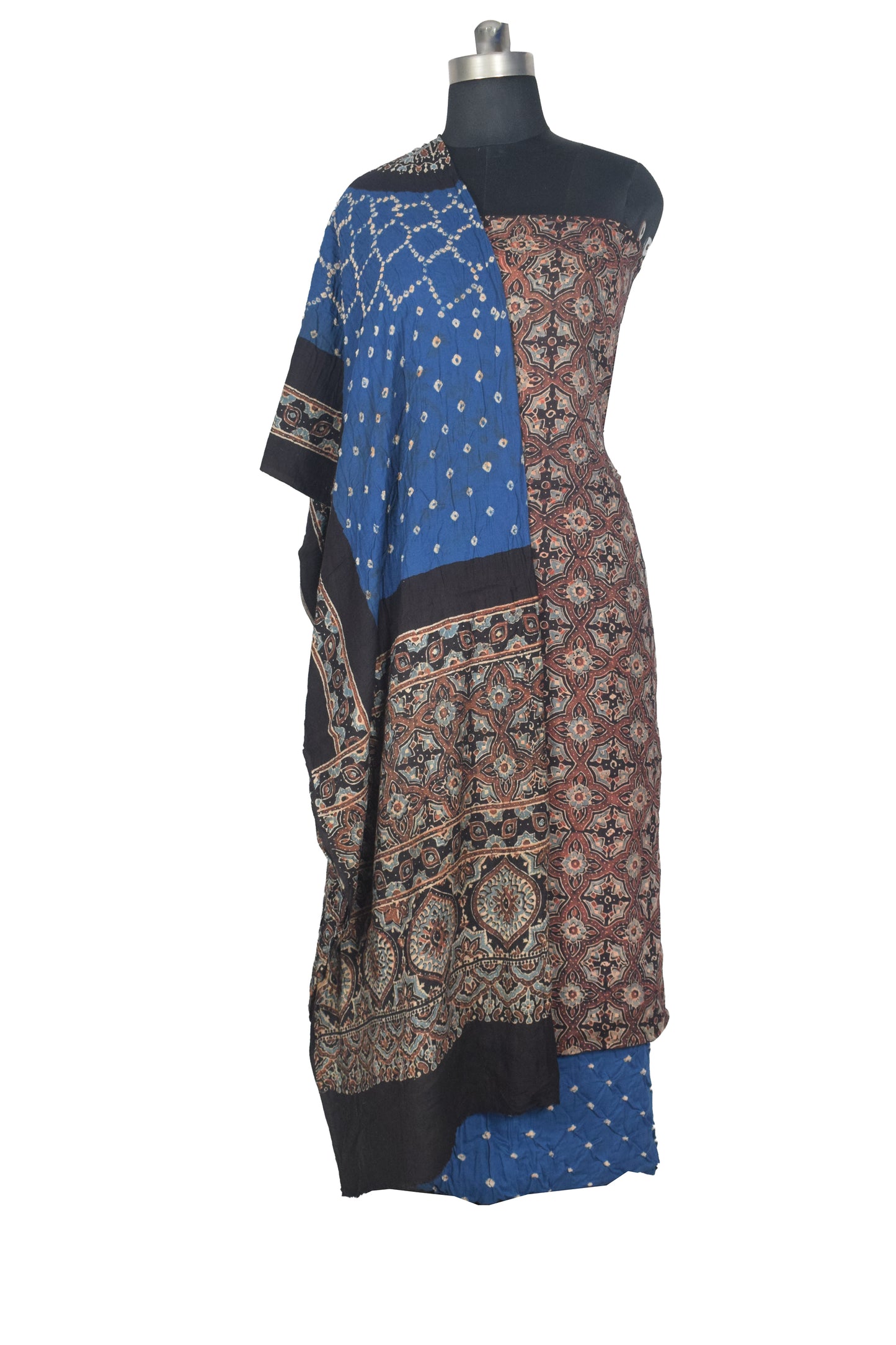 Ajrakh Satin Cotton Part Natural Dye Hand Block Print Dress Material with Bandhej Bottom and Dupatta - 2.5 Mt Top    -  SKU : MS24A01I