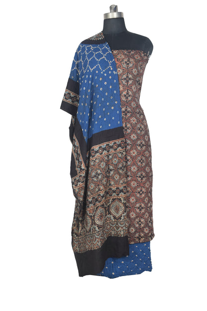 Ajrakh Satin Cotton Part Natural Dye Hand Block Print Dress Material with Bandhej Bottom and Dupatta - 2.5 Mt Top    -  SKU : MS24A01I