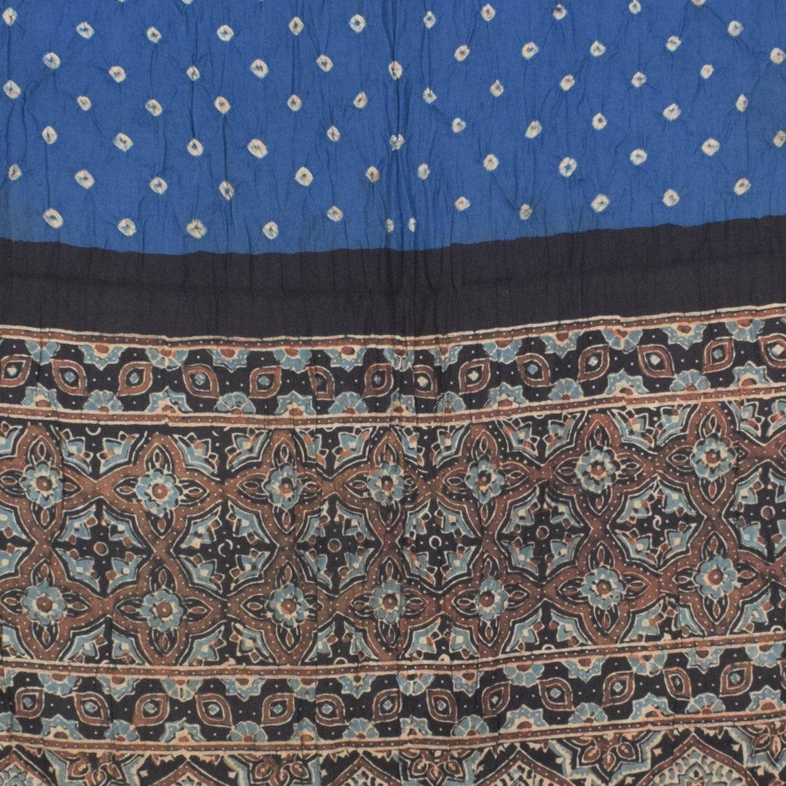 Ajrakh Satin Cotton Part Natural Dye Hand Block Print Dress Material with Bandhej Bottom and Dupatta - 2.5 Mt Top    -  SKU : MS24A01I
