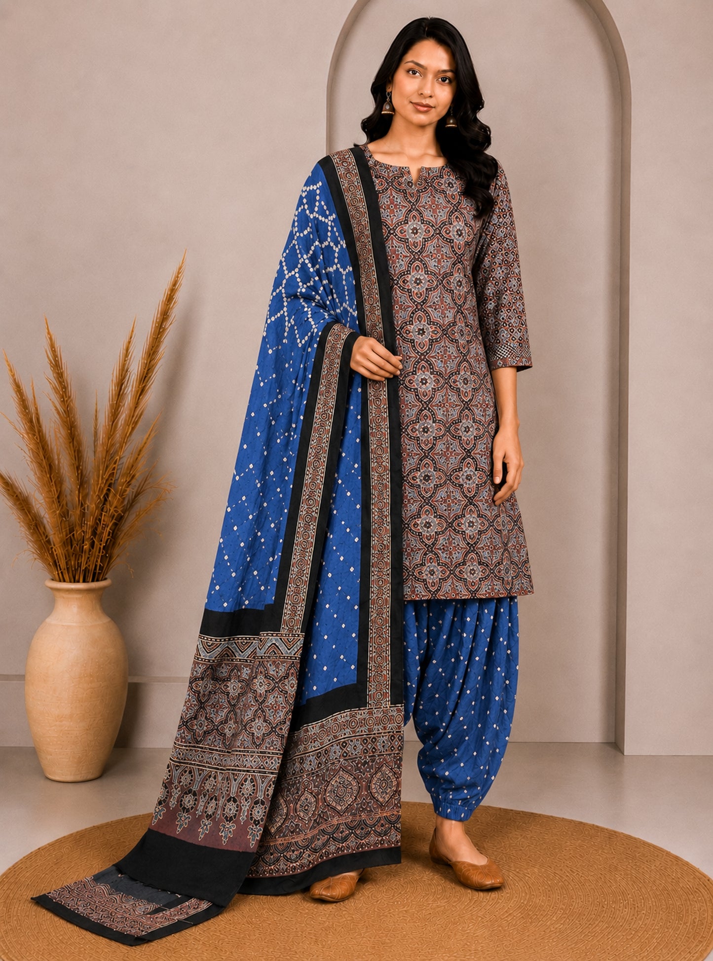 Ajrakh Satin Cotton Part Natural Dye Hand Block Print Dress Material with Bandhej Bottom and Dupatta - 2.5 Mt Top    -  SKU : MS24A01I