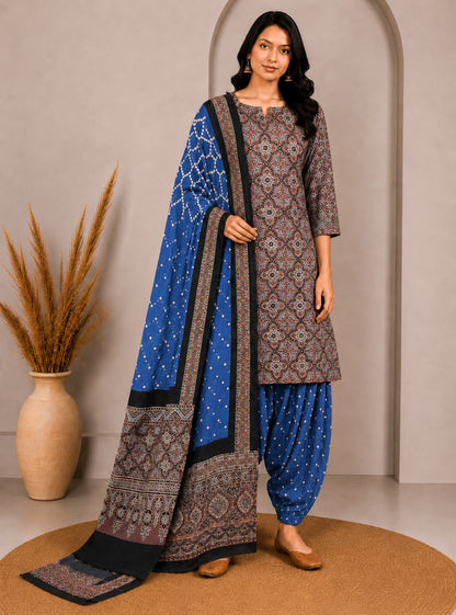 Ajrakh Satin Cotton Part Natural Dye Hand Block Print Dress Material with Bandhej Bottom and Dupatta - 2.5 Mt Top    -  SKU : MS24A01I