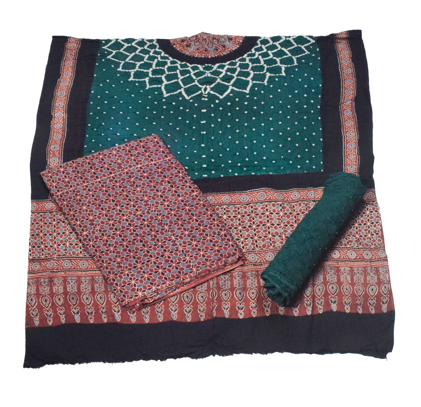 Ajrakh Satin Cotton Part Natural Dye Hand Block Print Dress Material with Bandhej Bottom and Dupatta - 2.5 Mt Top    -  SKU : MS24A01A