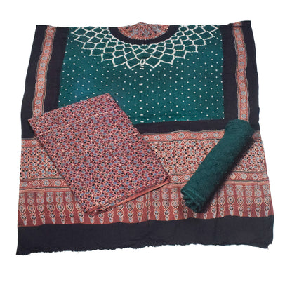 Ajrakh Satin Cotton Part Natural Dye Hand Block Print Dress Material with Bandhej Bottom and Dupatta - 2.5 Mt Top    -  SKU : MS24A01A