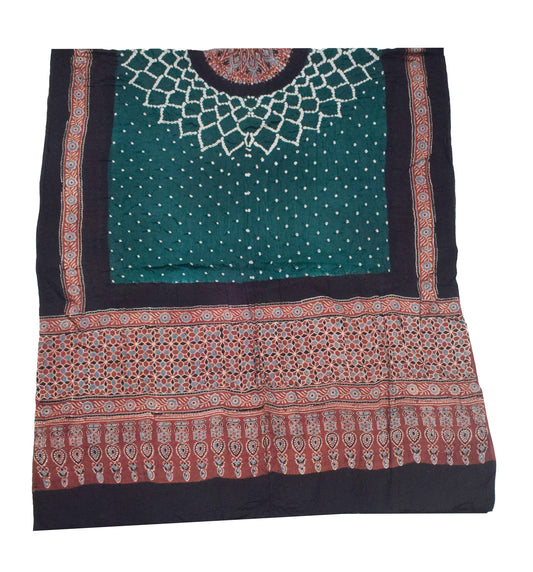 Ajrakh Satin Cotton Part Natural Dye Hand Block Print Dress Material with Bandhej Bottom and Dupatta - 2.5 Mt Top    -  SKU : MS24A01A