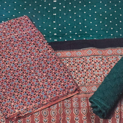 Ajrakh Satin Cotton Part Natural Dye Hand Block Print Dress Material with Bandhej Bottom and Dupatta - 2.5 Mt Top    -  SKU : MS24A01A