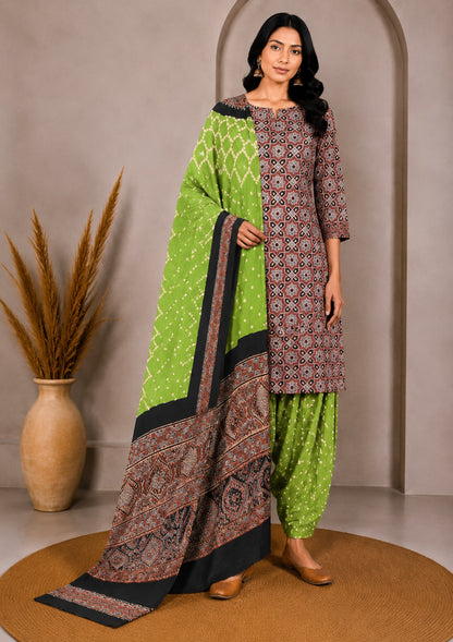 Ajrakh Satin Cotton Part Natural Dye Hand Block Print Dress Material with Bandhej Bottom and Dupatta - 2.5 Mt Top    -  SKU : MS24A01N