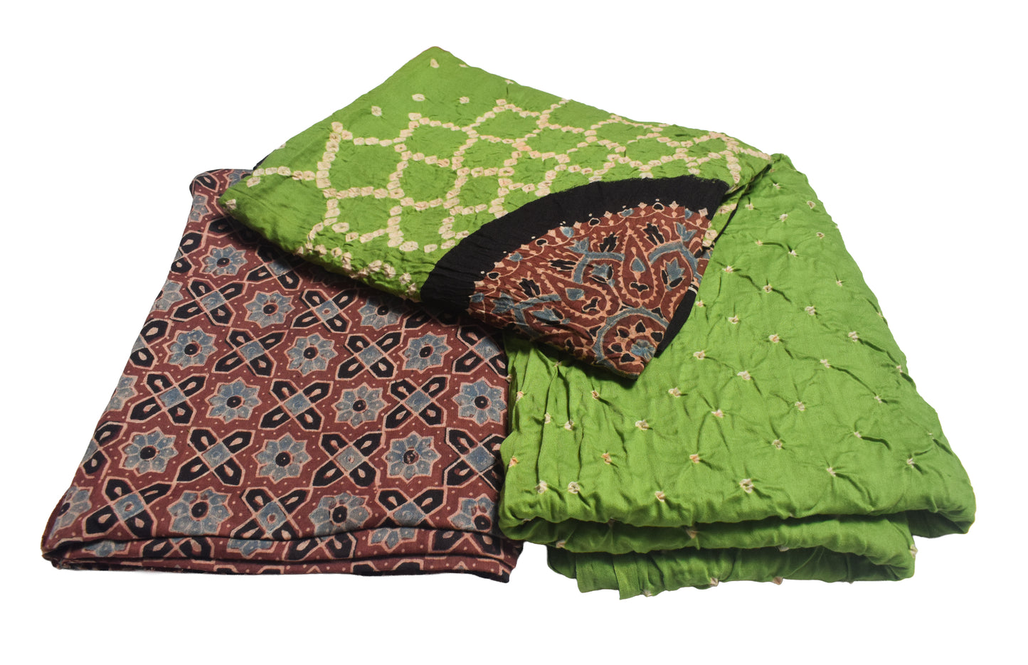 Ajrakh Satin Cotton Part Natural Dye Hand Block Print Dress Material with Bandhej Bottom and Dupatta - 2.5 Mt Top    -  SKU : MS24A01N