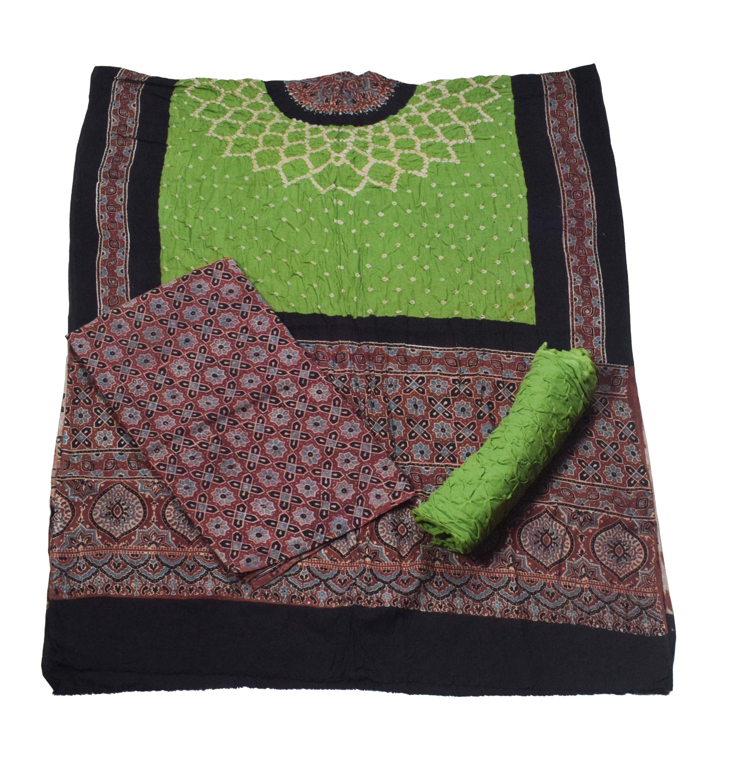 Ajrakh Satin Cotton Part Natural Dye Hand Block Print Dress Material with Bandhej Bottom and Dupatta - 2.5 Mt Top    -  SKU : MS24A01N