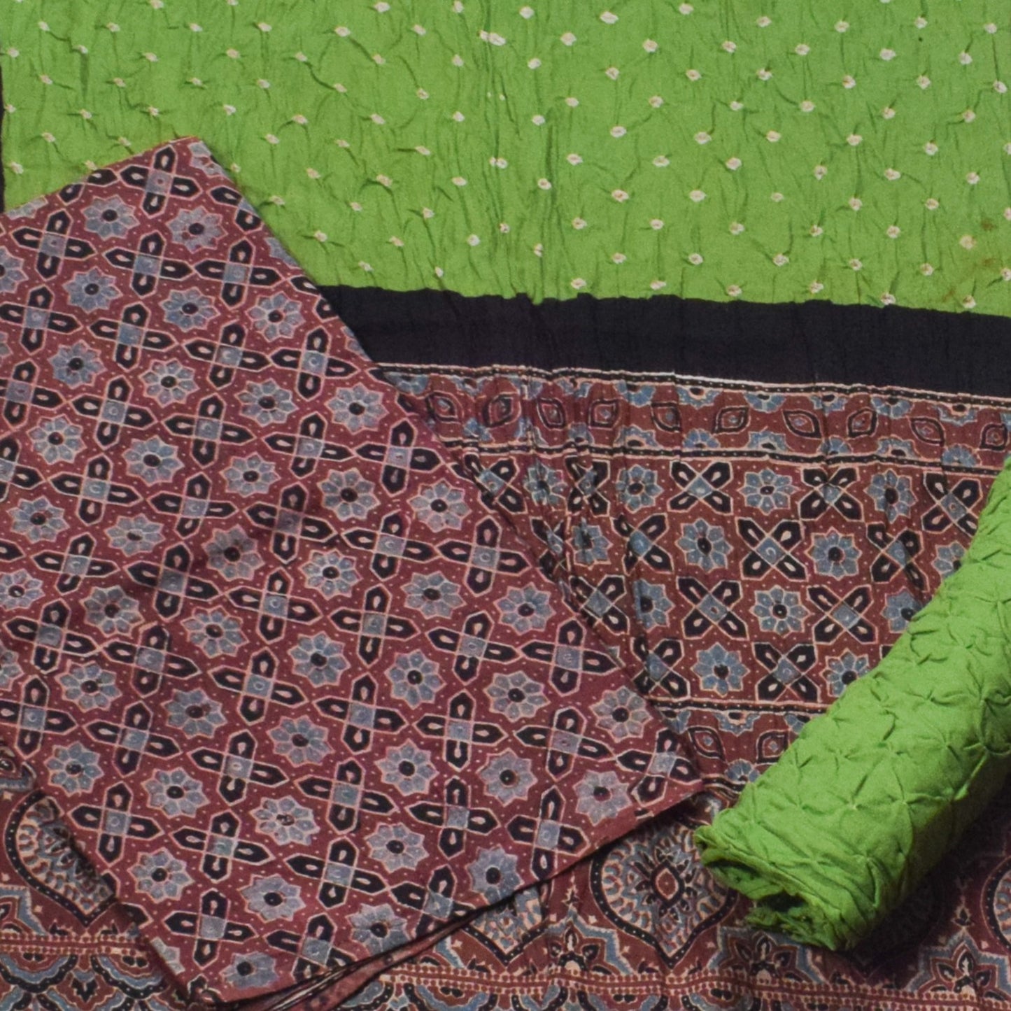 Ajrakh Satin Cotton Part Natural Dye Hand Block Print Dress Material with Bandhej Bottom and Dupatta - 2.5 Mt Top    -  SKU : MS24A01N