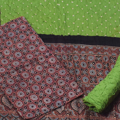 Ajrakh Satin Cotton Part Natural Dye Hand Block Print Dress Material with Bandhej Bottom and Dupatta - 2.5 Mt Top    -  SKU : MS24A01N
