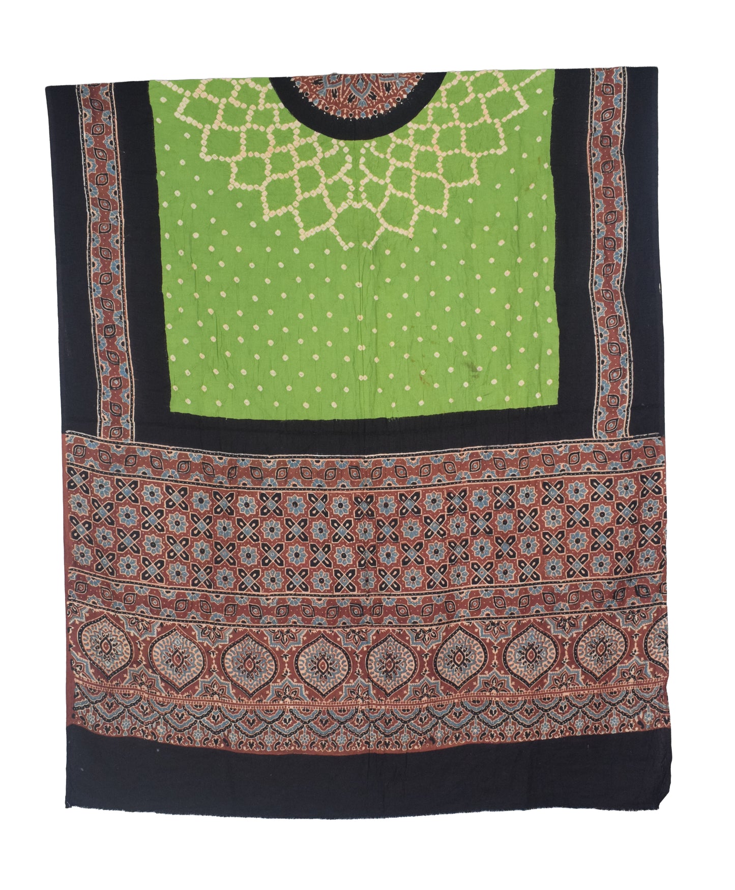 Ajrakh Satin Cotton Part Natural Dye Hand Block Print Dress Material with Bandhej Bottom and Dupatta - 2.5 Mt Top    -  SKU : MS24A01N