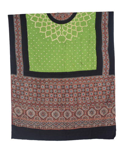 Ajrakh Satin Cotton Part Natural Dye Hand Block Print Dress Material with Bandhej Bottom and Dupatta - 2.5 Mt Top    -  SKU : MS24A01N