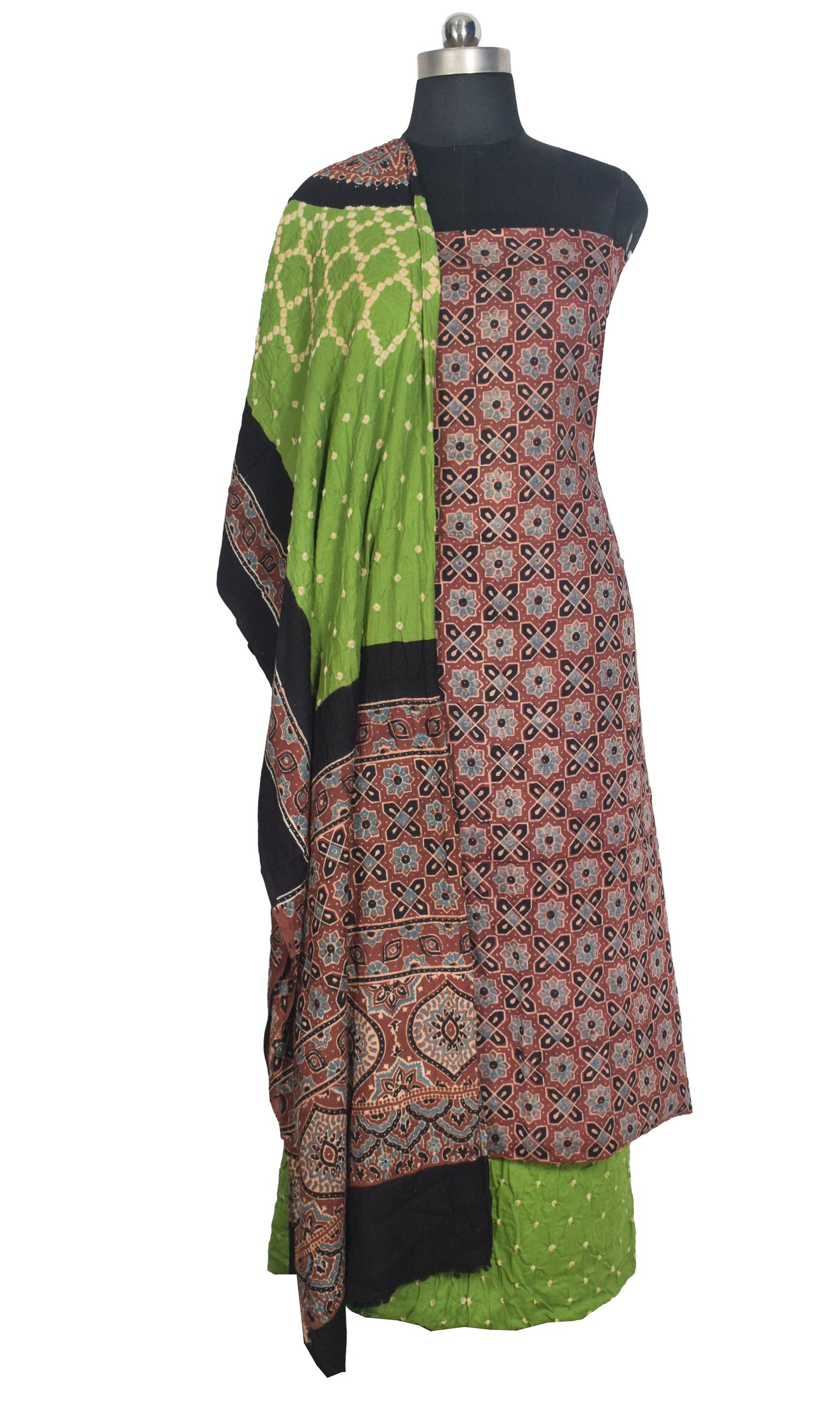 Ajrakh Satin Cotton Part Natural Dye Hand Block Print Dress Material with Bandhej Bottom and Dupatta - 2.5 Mt Top    -  SKU : MS24A01N