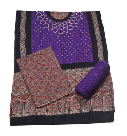 Ajrakh Satin Cotton Part Natural Dye Hand Block Print Dress Material with Bandhej Bottom and Dupatta - 2.5 Mt Top    -  SKU : MS24A01F