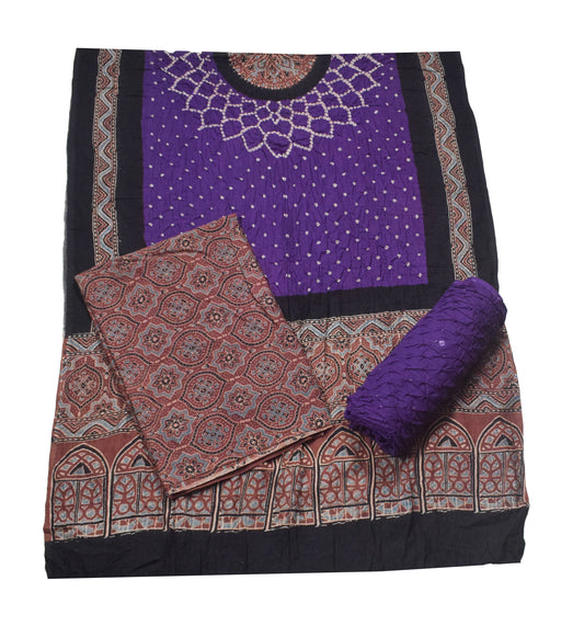 Ajrakh Satin Cotton Part Natural Dye Hand Block Print Dress Material with Bandhej Bottom and Dupatta - 2.5 Mt Top    -  SKU : MS24A01F