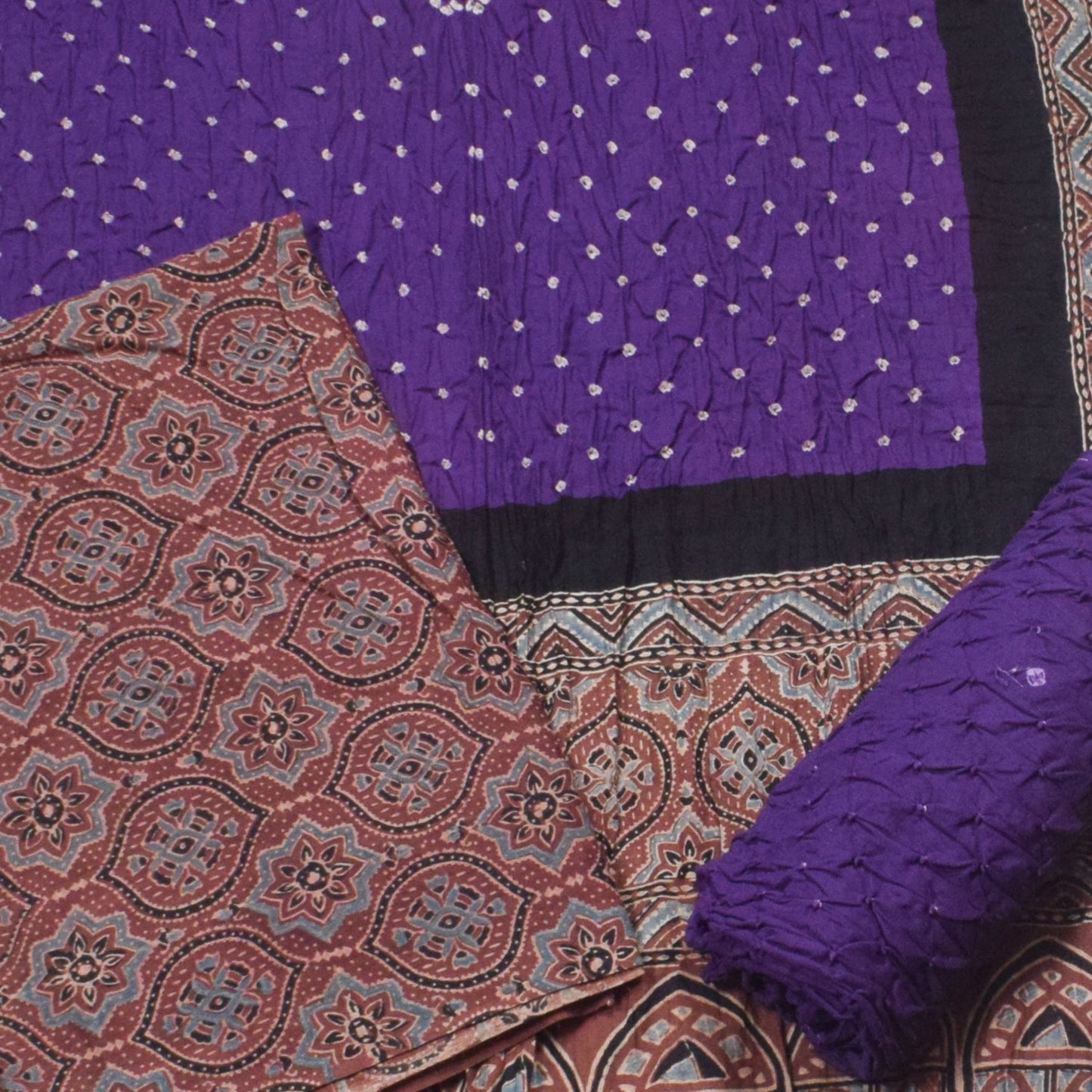 Ajrakh Satin Cotton Part Natural Dye Hand Block Print Dress Material with Bandhej Bottom and Dupatta - 2.5 Mt Top    -  SKU : MS24A01F