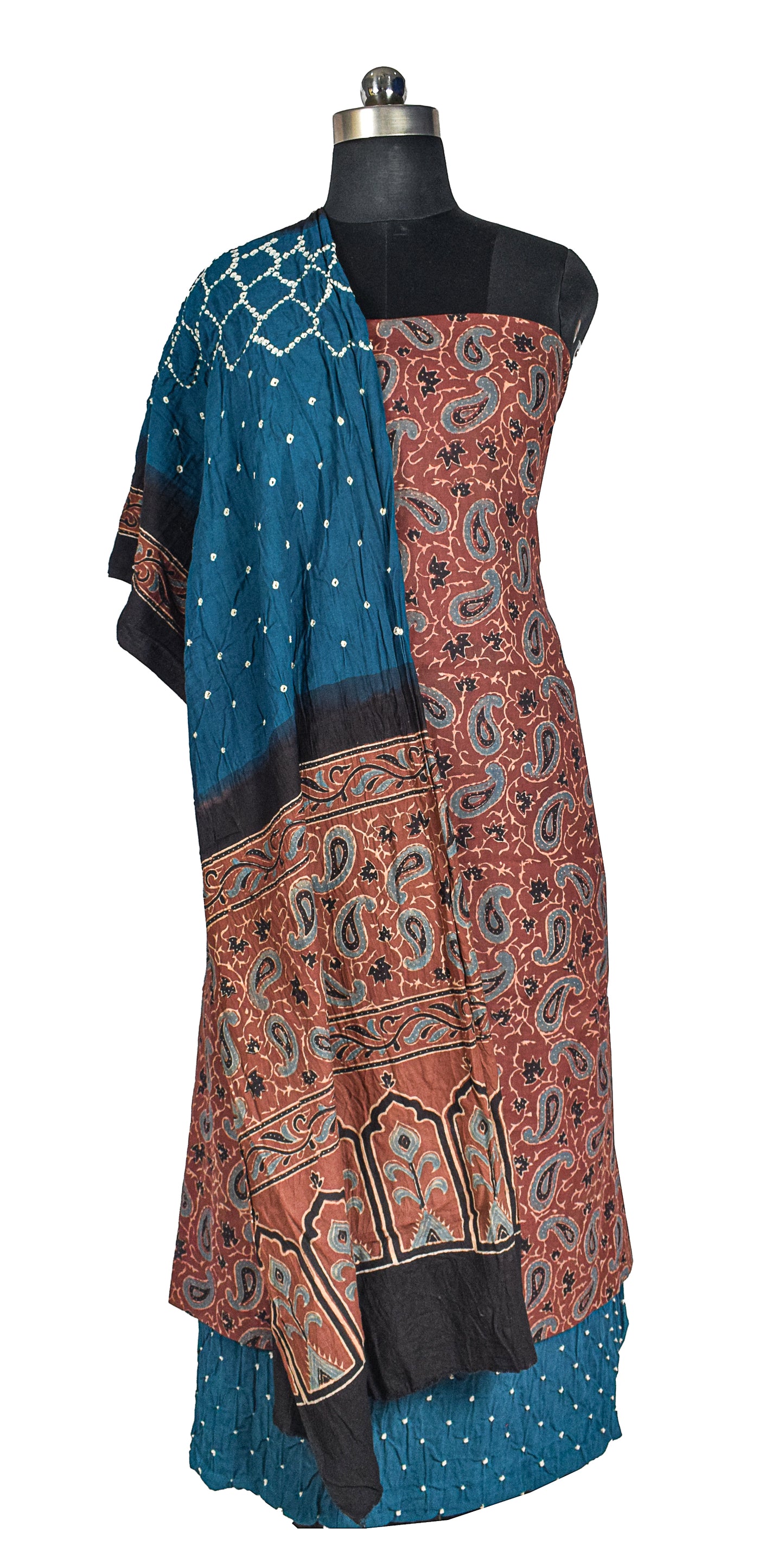 Ajrakh Satin Cotton Part Natural Dye Hand Block Print Dress Material with Bandhej Bottom and Dupatta - 2.5 Mt Top    -  SKU : MS24A01U