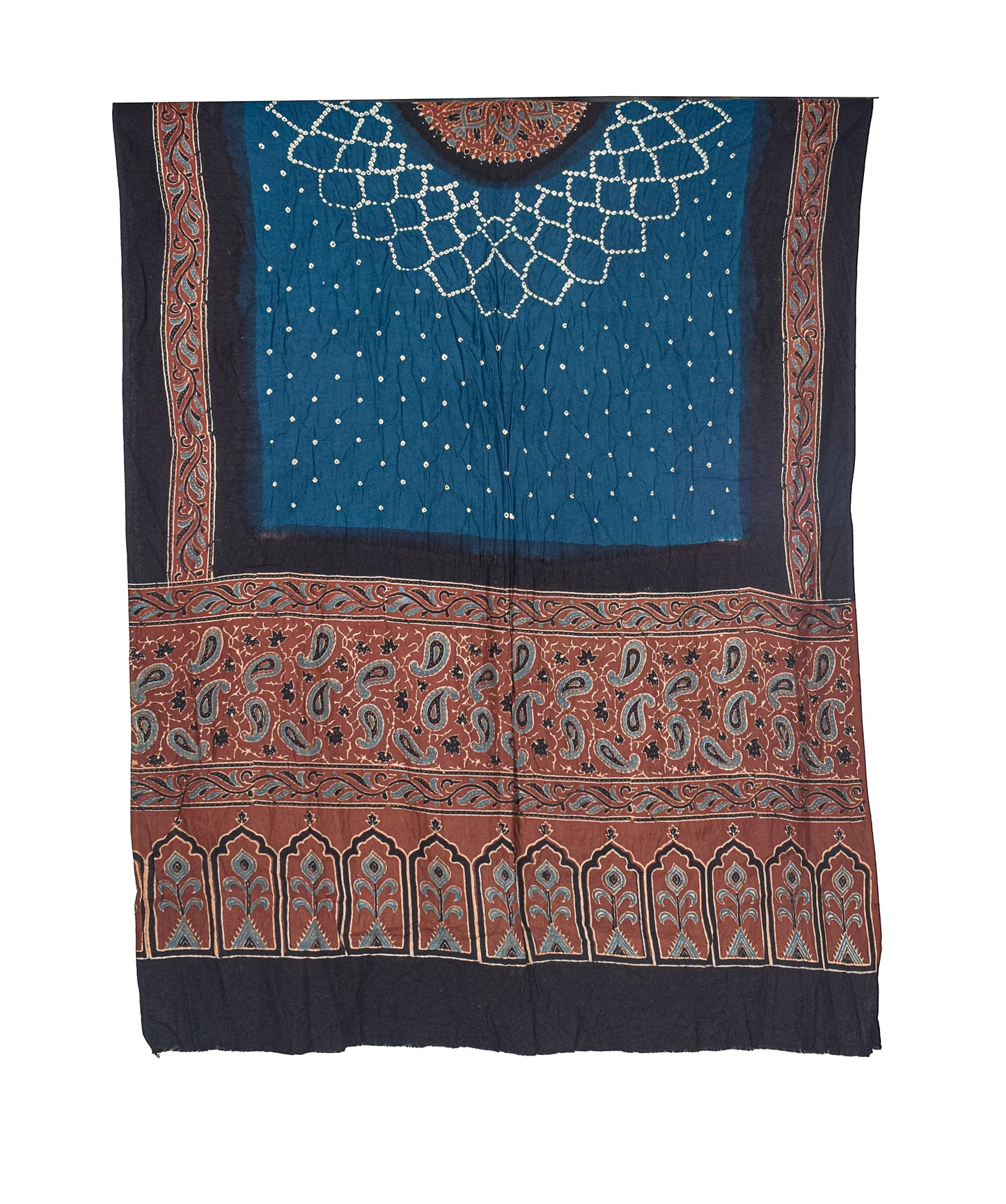 Ajrakh Satin Cotton Part Natural Dye Hand Block Print Dress Material with Bandhej Bottom and Dupatta - 2.5 Mt Top    -  SKU : MS24A01U