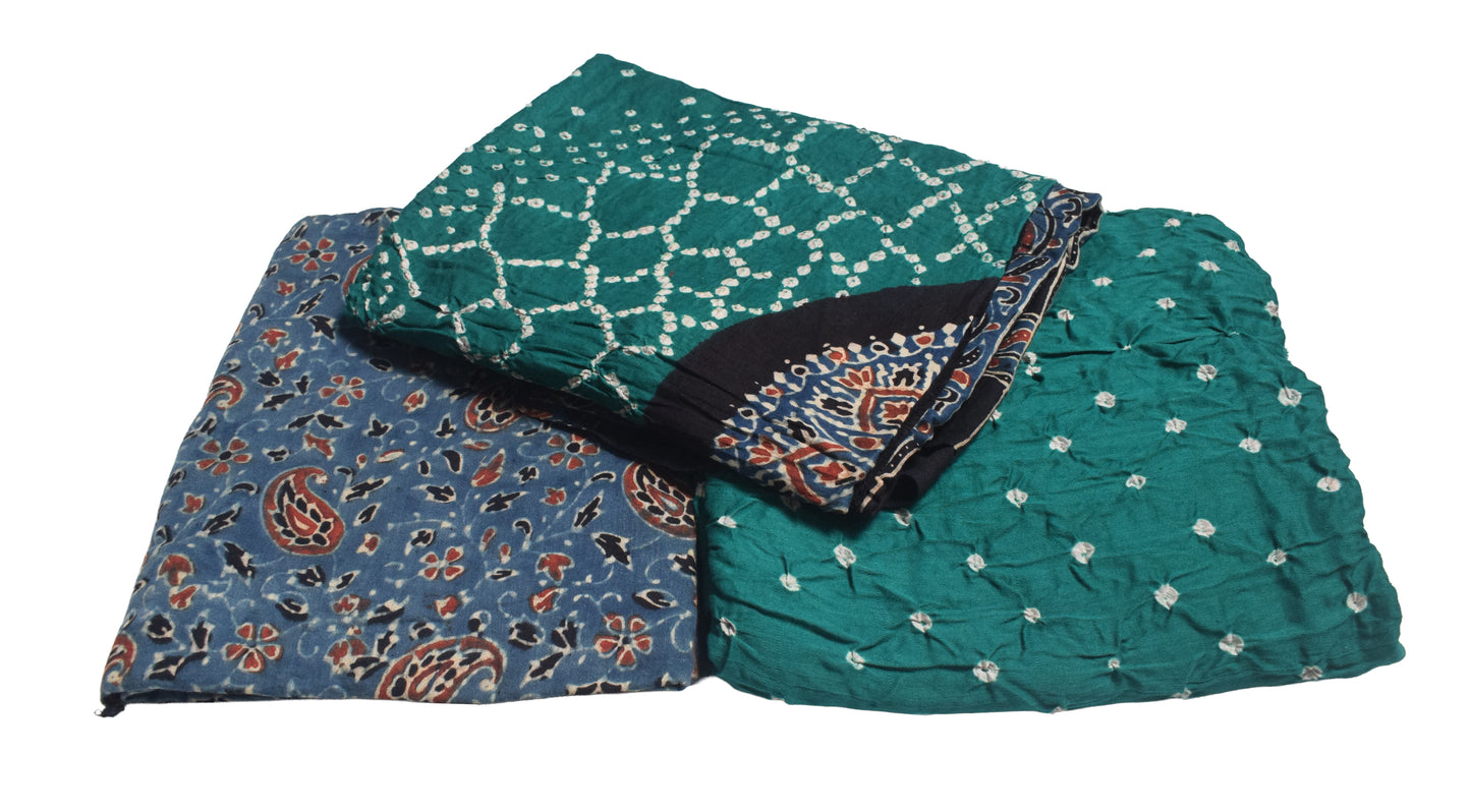 Ajrakh Satin Cotton Part Natural Dye Hand Block Print Dress Material with Bandhej Bottom and Dupatta - 2.5 Mt Top    -  SKU : MS17401P