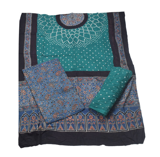 Ajrakh Satin Cotton Part Natural Dye Hand Block Print Dress Material with Bandhej Bottom and Dupatta - 2.5 Mt Top    -  SKU : MS17401P