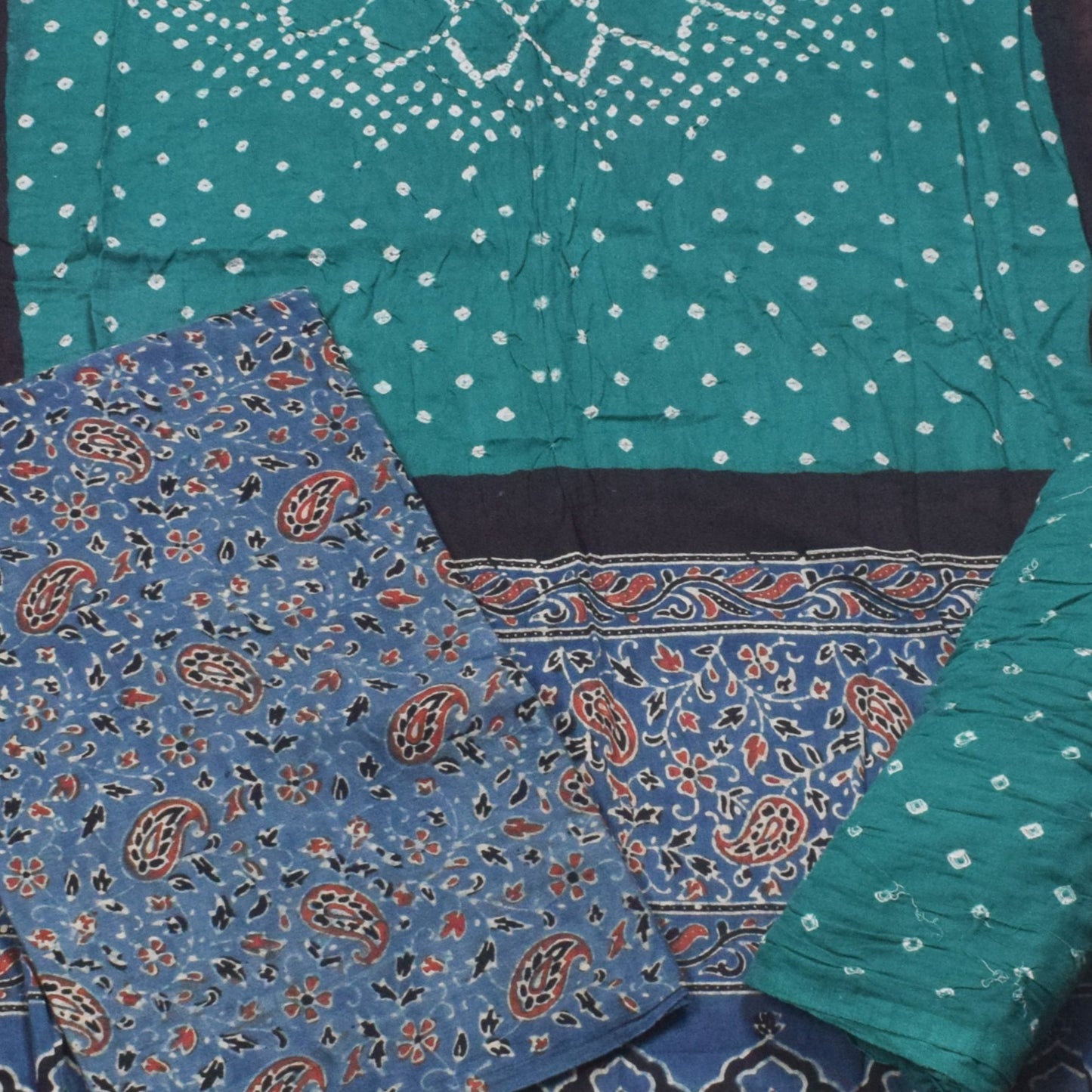 Ajrakh Satin Cotton Part Natural Dye Hand Block Print Dress Material with Bandhej Bottom and Dupatta - 2.5 Mt Top    -  SKU : MS17401P