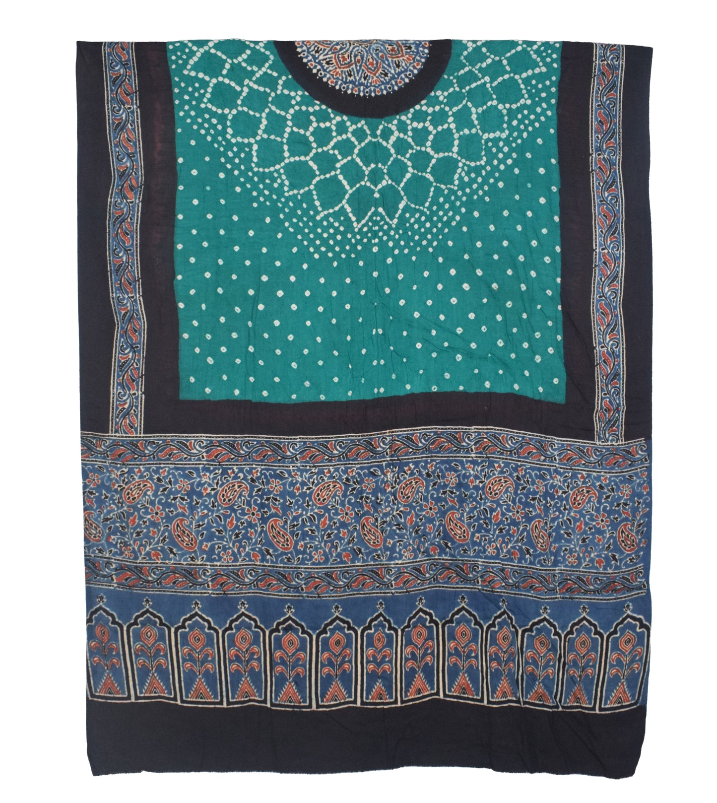 Ajrakh Satin Cotton Part Natural Dye Hand Block Print Dress Material with Bandhej Bottom and Dupatta - 2.5 Mt Top    -  SKU : MS17401P