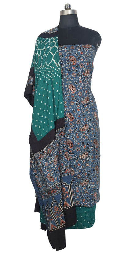 Ajrakh Satin Cotton Part Natural Dye Hand Block Print Dress Material with Bandhej Bottom and Dupatta - 2.5 Mt Top    -  SKU : MS17401P