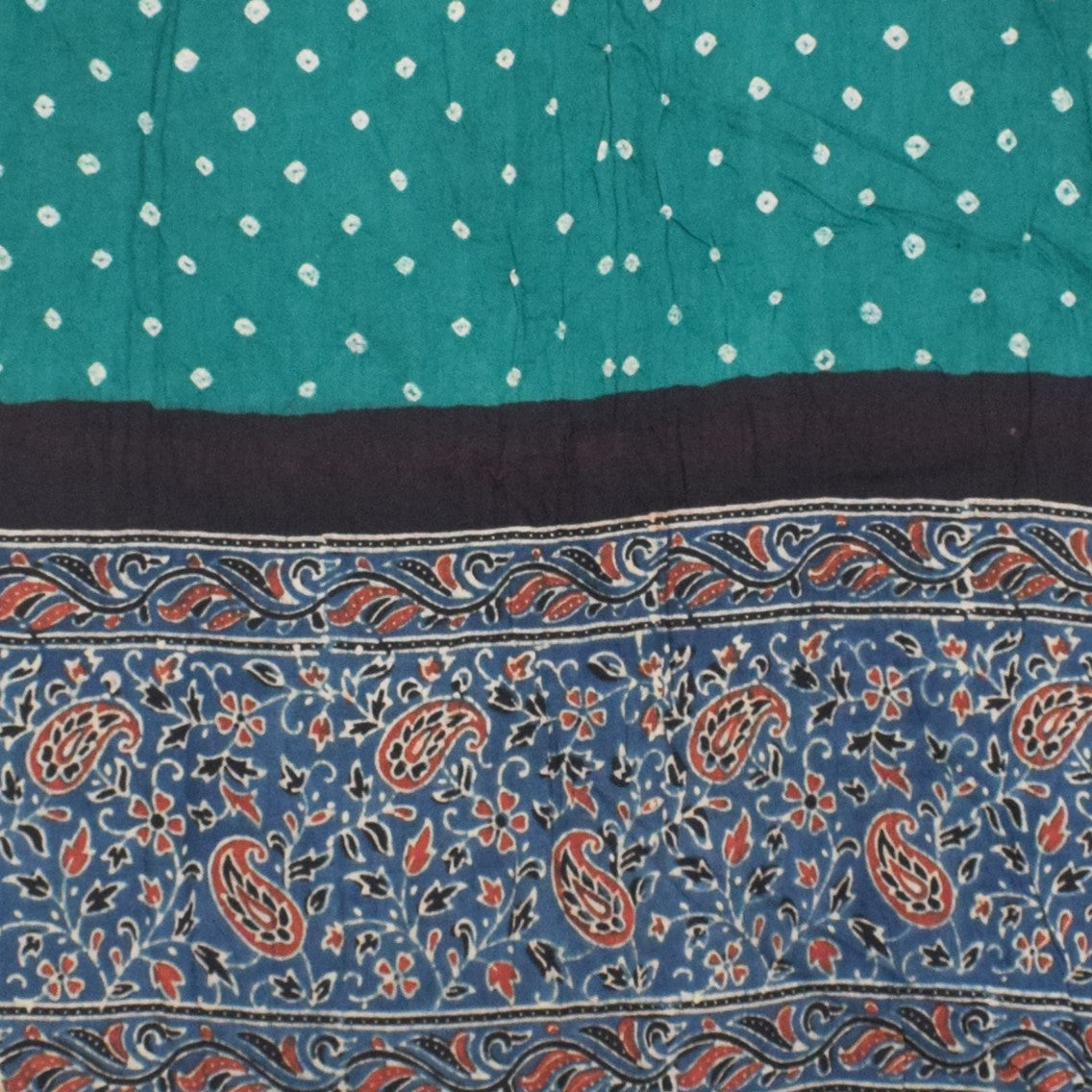 Ajrakh Satin Cotton Part Natural Dye Hand Block Print Dress Material with Bandhej Bottom and Dupatta - 2.5 Mt Top    -  SKU : MS17401P
