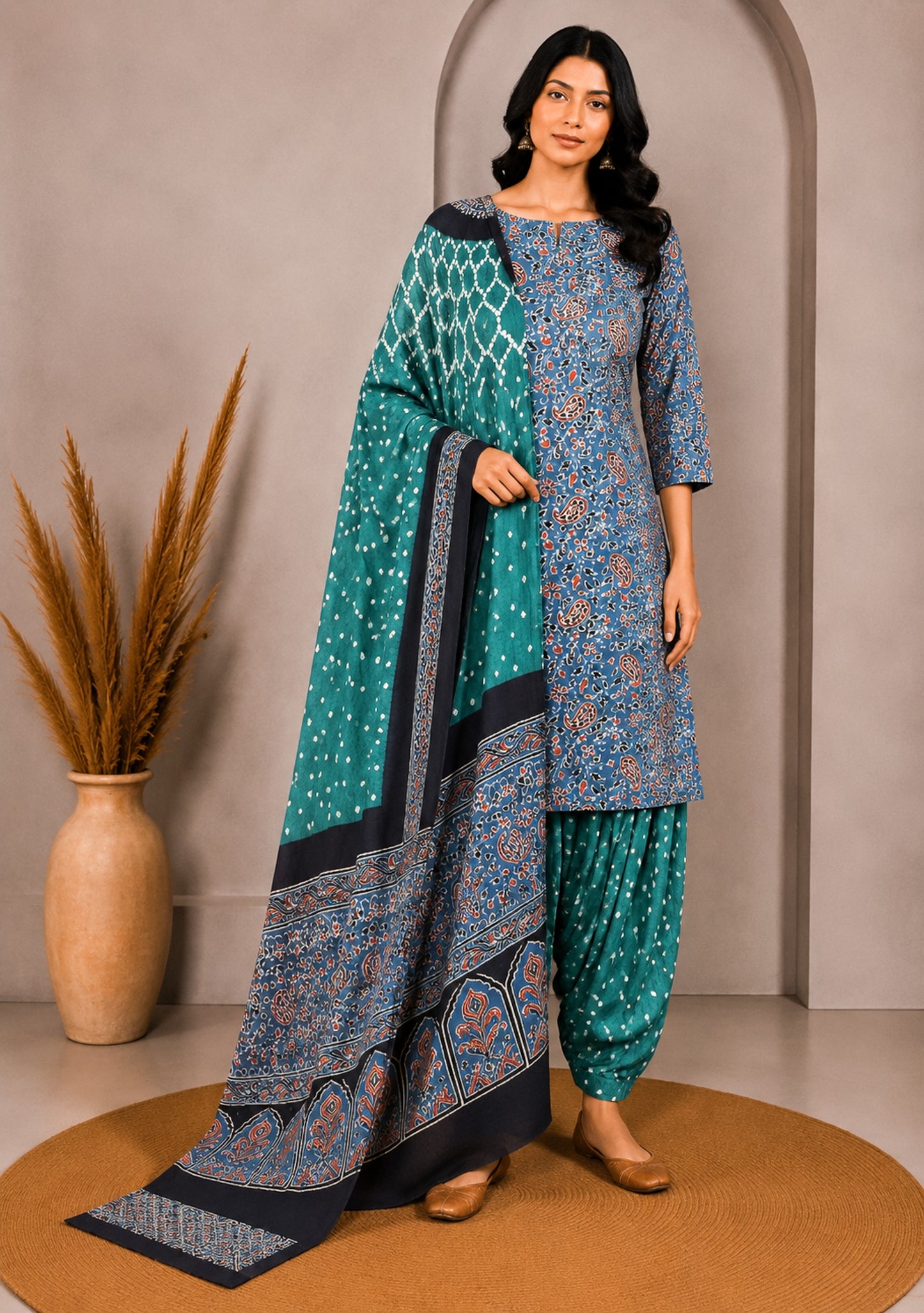 Ajrakh Satin Cotton Part Natural Dye Hand Block Print Dress Material with Bandhej Bottom and Dupatta - 2.5 Mt Top    -  SKU : MS17401P