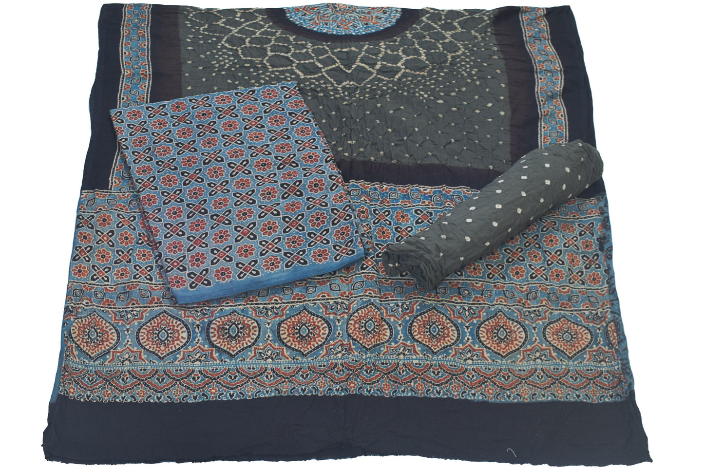 Ajrakh Satin Cotton Part Natural Dye Hand Block Print Dress Material with Bandhej Bottom and Dupatta - 2.5 Mt Top    -  SKU : MS17401E