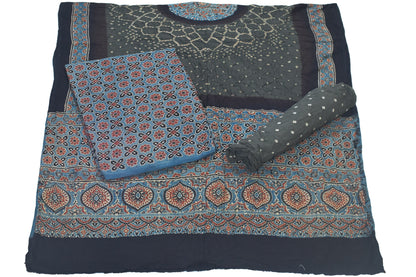Ajrakh Satin Cotton Part Natural Dye Hand Block Print Dress Material with Bandhej Bottom and Dupatta - 2.5 Mt Top    -  SKU : MS17401E