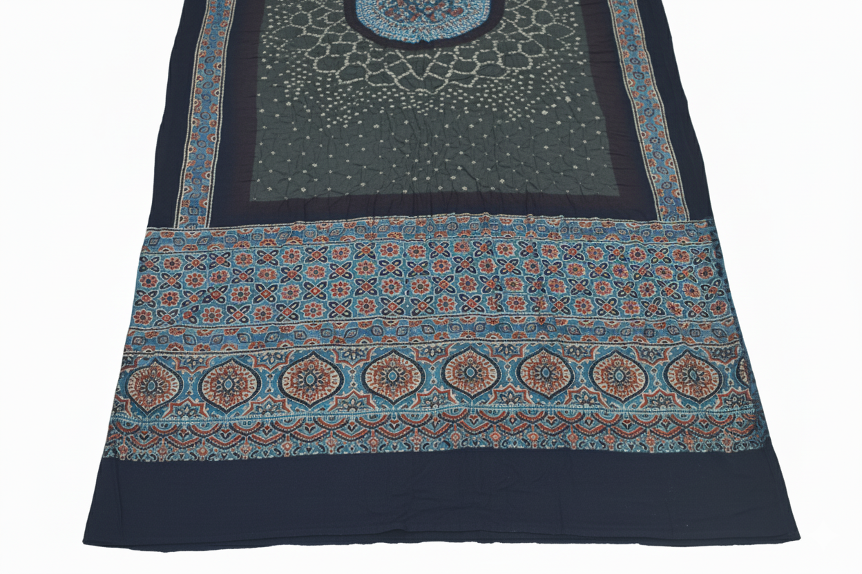 Ajrakh Satin Cotton Part Natural Dye Hand Block Print Dress Material with Bandhej Bottom and Dupatta - 2.5 Mt Top    -  SKU : MS17401E