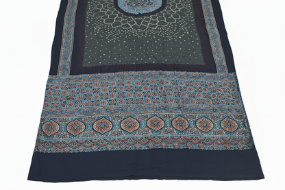 Ajrakh Satin Cotton Part Natural Dye Hand Block Print Dress Material with Bandhej Bottom and Dupatta - 2.5 Mt Top    -  SKU : MS17401E