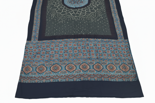 Ajrakh Satin Cotton Part Natural Dye Hand Block Print Dress Material with Bandhej Bottom and Dupatta - 2.5 Mt Top    -  SKU : MS17401E