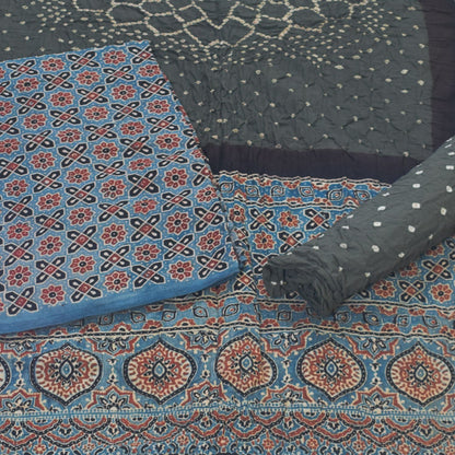 Ajrakh Satin Cotton Part Natural Dye Hand Block Print Dress Material with Bandhej Bottom and Dupatta - 2.5 Mt Top    -  SKU : MS17401E