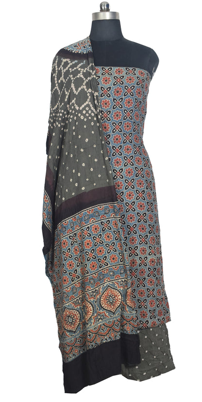 Ajrakh Satin Cotton Part Natural Dye Hand Block Print Dress Material with Bandhej Bottom and Dupatta - 2.5 Mt Top    -  SKU : MS17401E