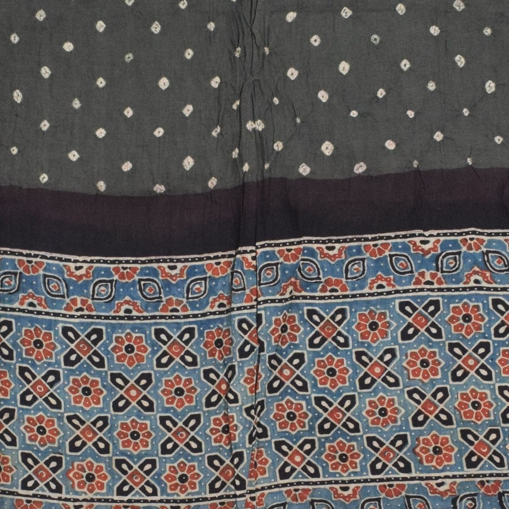 Ajrakh Satin Cotton Part Natural Dye Hand Block Print Dress Material with Bandhej Bottom and Dupatta - 2.5 Mt Top    -  SKU : MS17401E