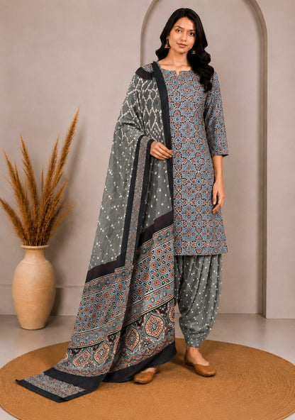 Ajrakh Satin Cotton Part Natural Dye Hand Block Print Dress Material with Bandhej Bottom and Dupatta - 2.5 Mt Top    -  SKU : MS17401E