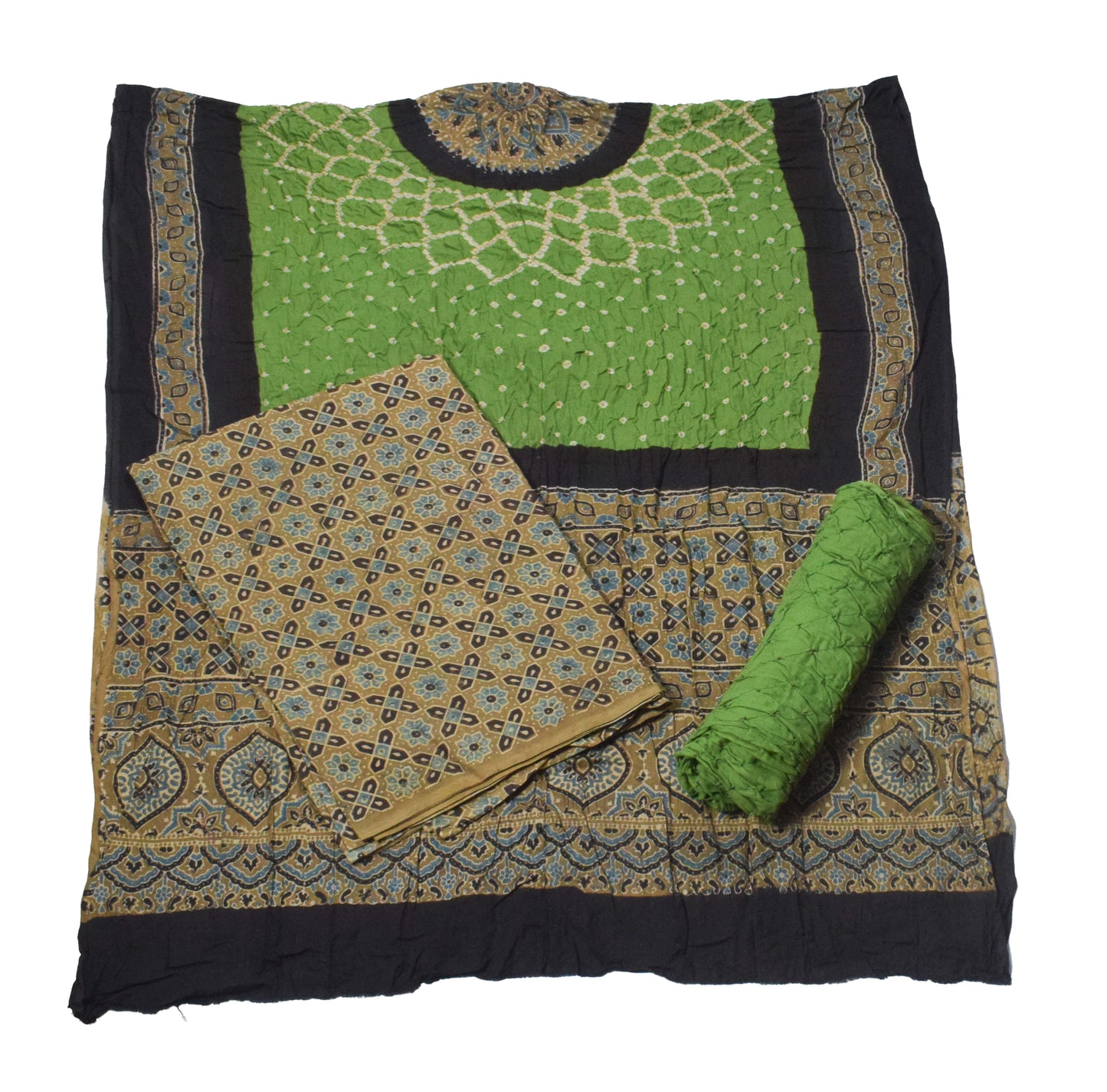 Ajrakh Satin Cotton Part Natural Dye Hand Block Print Dress Material with Bandhej Bottom and Dupatta - 2.5 Mt Top    -  SKU : MS24A01Q