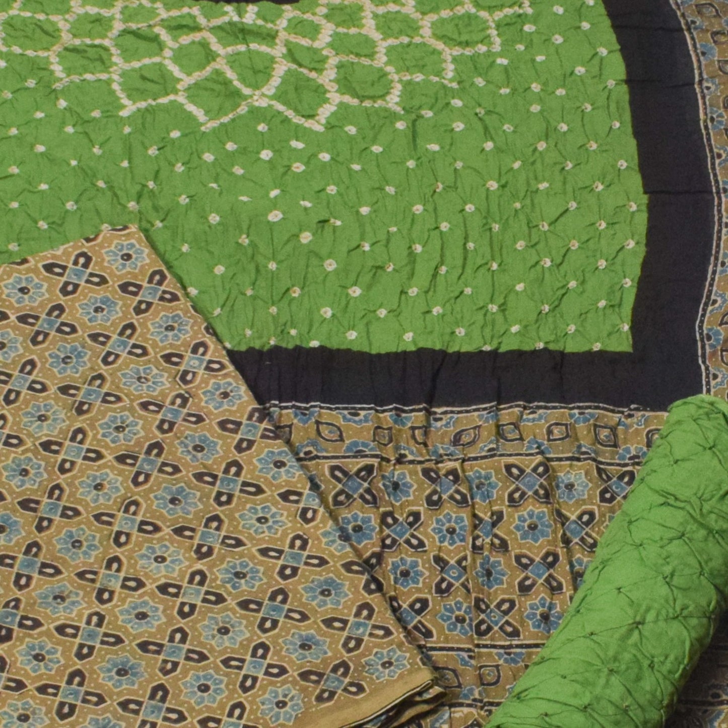 Ajrakh Satin Cotton Part Natural Dye Hand Block Print Dress Material with Bandhej Bottom and Dupatta - 2.5 Mt Top    -  SKU : MS24A01Q